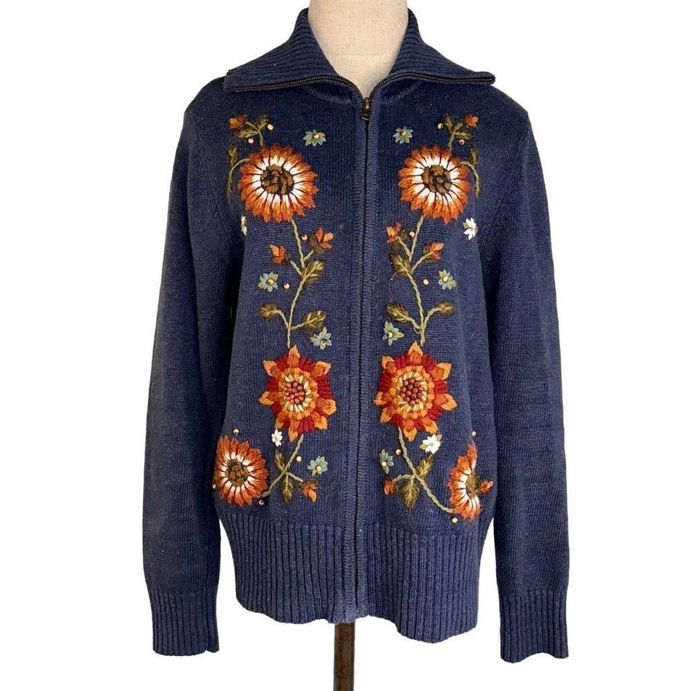 Tiara International Women’s‎ Vintage Sunflower Embroidered Jacket Knit Full Zip